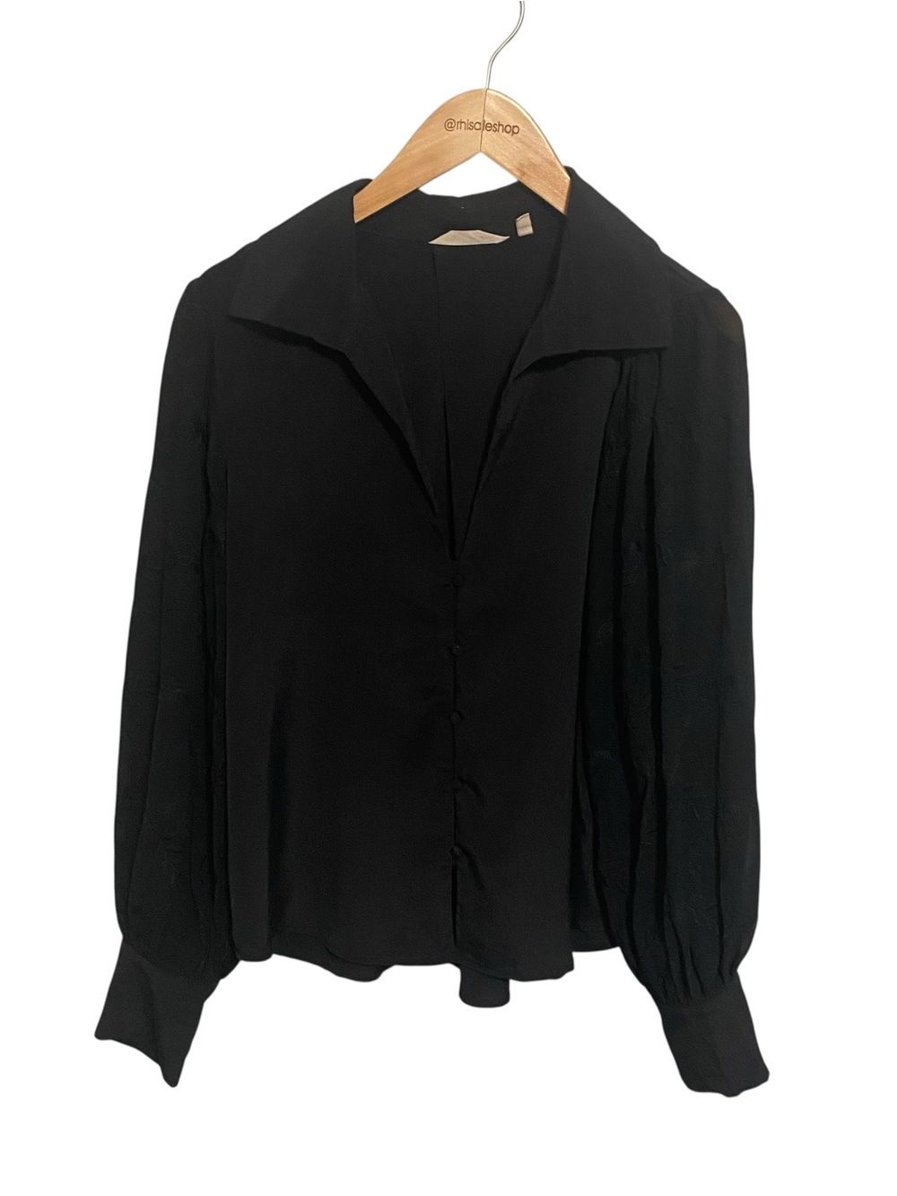 Soft Surroundings Black Sheer Floral Sleeve Button Down Blouse Size Medium